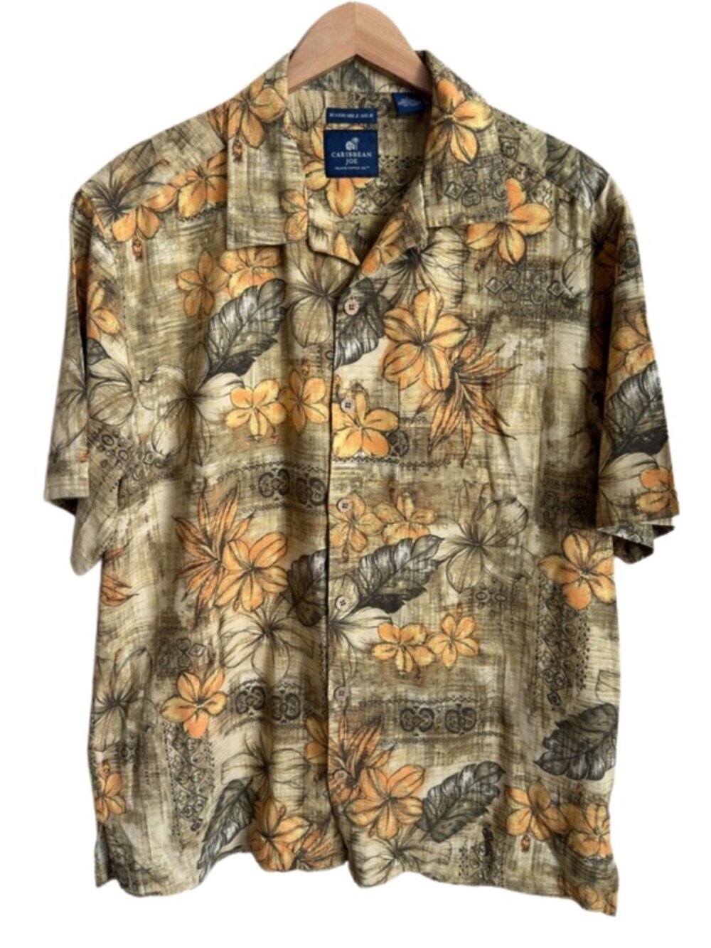 Caribbean Joe Washable 100% Silk Hawaiian Shirt Large Tropical Floral Camp Shirt